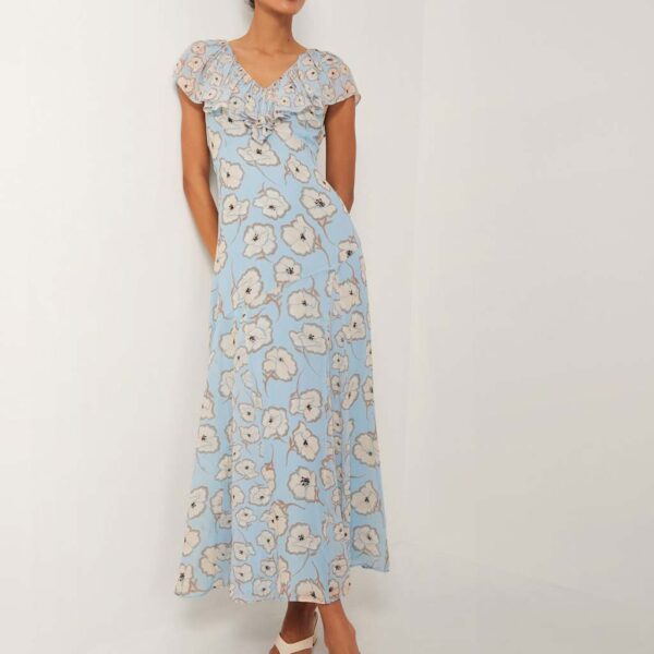 Monsoon Women's Floral V-Neck Angel Sleeves Maxi Tiered Dress - 16 - Blue Mix, Blue Mix