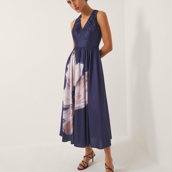 Monsoon Women's Satin Floral V-Neck Ruched Midi Skater Dress - 14 - Navy Mix, Navy Mix