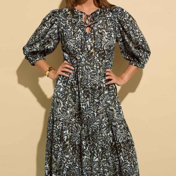Baukjen Women's Pure Cotton Printed Midi Tiered Dress - 14 - Black Mix, Black Mix