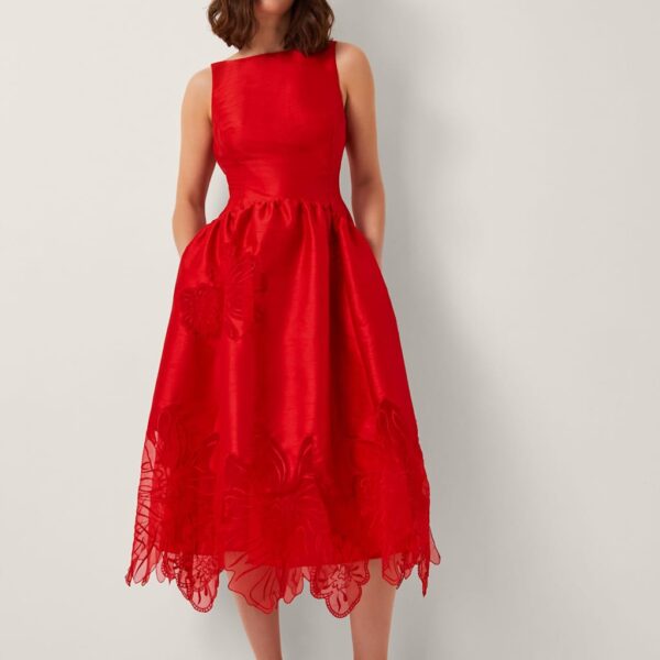 Monsoon Women's Satin Floral Embroidered Cut Work Midi Skater Dress - 14, Red