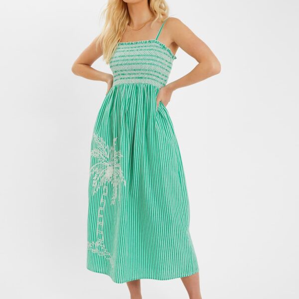 Accessorize Women's Pure Cotton Striped Midi Beach Dress - Green, Green