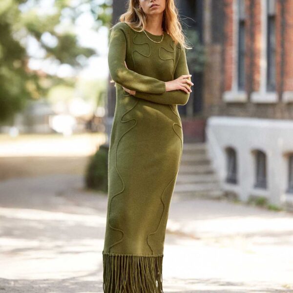 Ro&Zo Women's Textured Fringe Hem Midaxi Jumper Dress - MPET - Khaki, Khaki