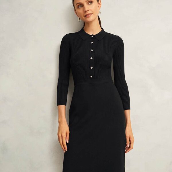 Hobbs Women's Ribbed Collared Button Front Shift Dress - 12 - Black, Black