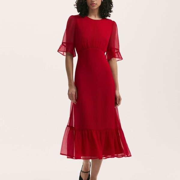 Finery London Women's Chiffon Round Neck Midi Tiered Dress - 18, Black,Red
