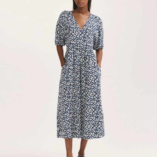 Finery London Women's Pure Cotton Animal Print Midi Waisted Dress - 16 - Navy Mix, Navy Mix,Green Mix