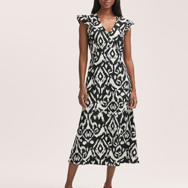 Finery London Women's Printed V-Neck Ruffle Midi Tea Dress - 18 - Black Mix, Black Mix,Navy Mix