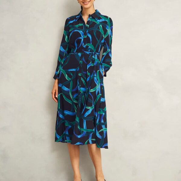 Hobbs Women's Printed Button Through Tie Waist Shirt Dress - 12REG - Navy, Navy