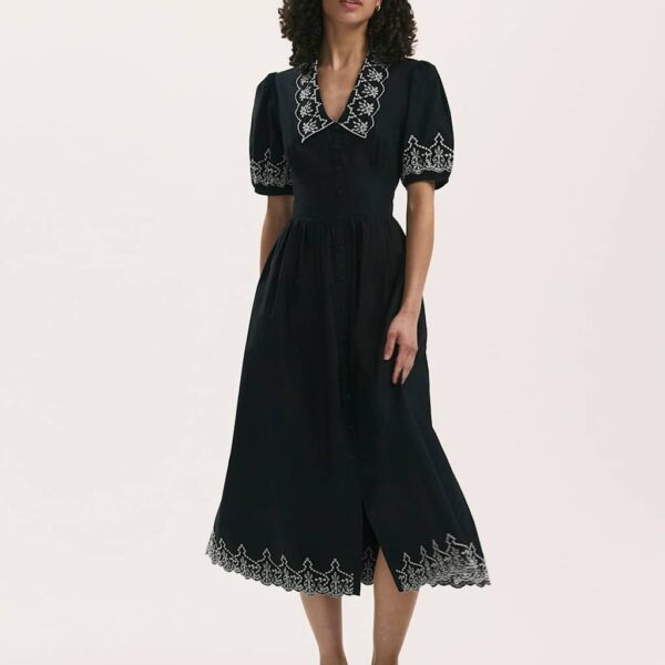 Finery London Women's Pure Cotton Collared Midi Shirt Dress - 14 - Black, Black,Navy