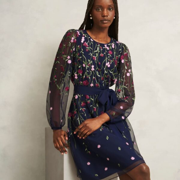 Hobbs Women's Floral Crew Neck Knee Length Skater Dress - 12REG - Navy Mix, Navy Mix