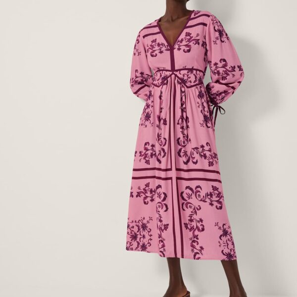 Monsoon Women's Floral V-Neck Midi Waisted Dress - XL - Pink Mix, Pink Mix