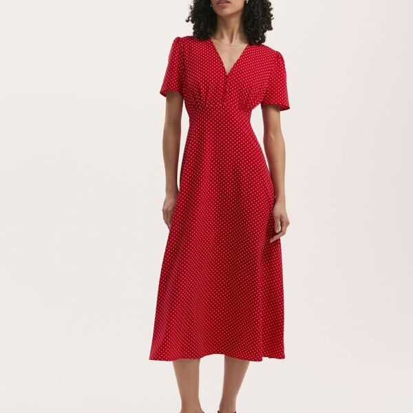 Finery London Women's Polka Dot V-Neck Midi Tea Dress - 24 - Red Mix, Red Mix
