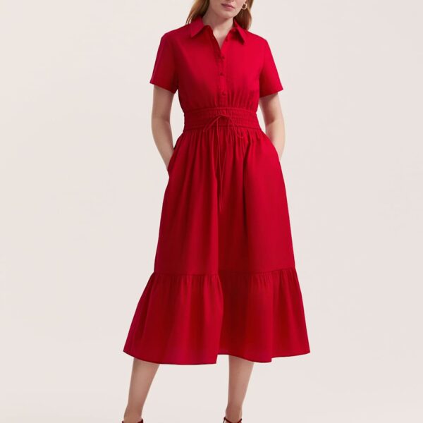 Finery London Women's Pure Cotton Midi Shirt Dress - 16 - Red, Dark Khaki,Red