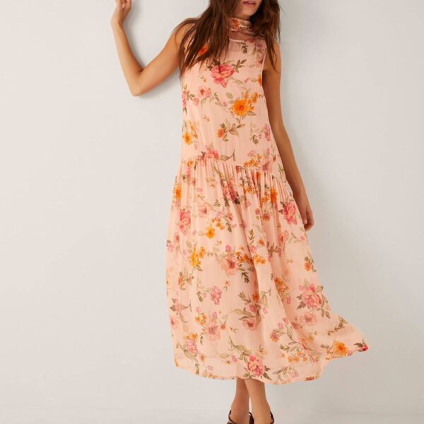 Monsoon Women's Cassia Floral Print Midi Dress Nude, Nude