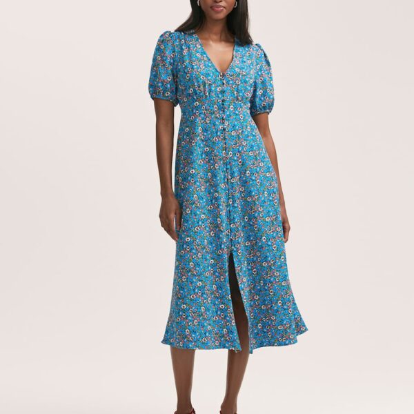 Finery London Women's Crepe V-Neck Button Through Midi Tea Dress - 16 - Blue Mix, Blue Mix,Red Mix,Navy Mix