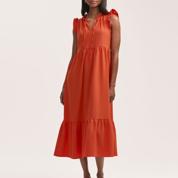 Finery London Women's Tie Neck Ruffle Midi Tiered Dress - 14 - Orange, Black,Orange,Pink