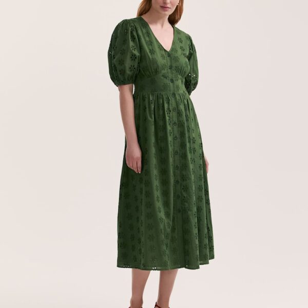 Finery London Women's Pure Cotton Broderie V-Neck Midi Dress - 14 - Khaki, Khaki