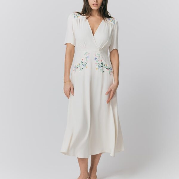 Ghost Women's Crepe Embroidered V-Neck Midi Tea Dress - Ivory, Ivory,Black