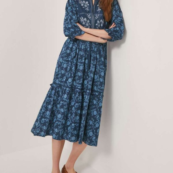 Monsoon Women's Cotton Rich Floral Midi Tiered Dress - XXL - Blue Mix, Blue Mix