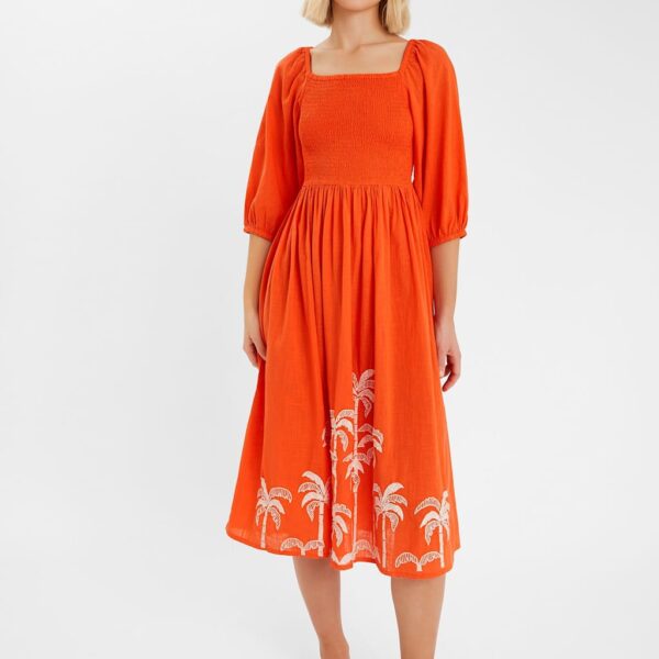 Accessorize Women's Cotton Rich Embroidered Beach Dress with Linen - Coral, Coral