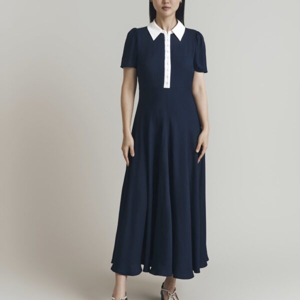 Ghost Women's Satin Contrast Collar Midi Shirt Dress - Navy, Navy,Black
