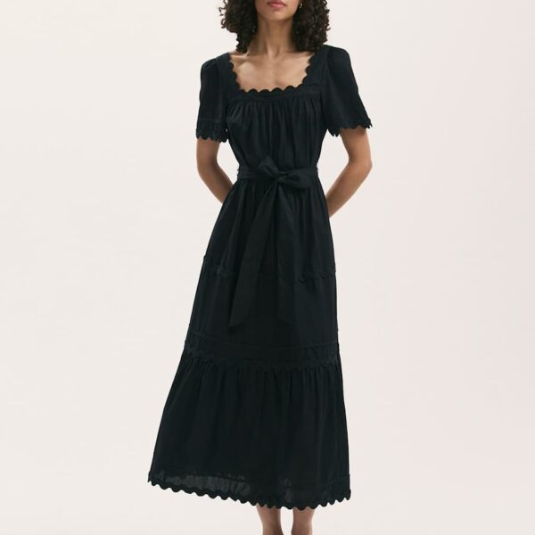 Finery London Women's Pure Cotton Square Neck Midi Tiered Dress - 12 - Black, Black