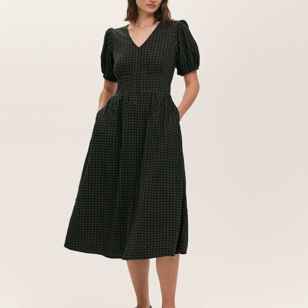 Finery London Women's Cotton Blend Gingham Seersucker Midi Dress - 12REG - Black Mix, Black Mix
