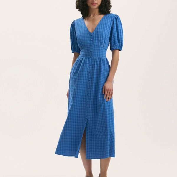 Finery London Women's Cotton Blend Gingham V-Neck Midi Tea Dress - 16 - Blue, Blue,Khaki,Red