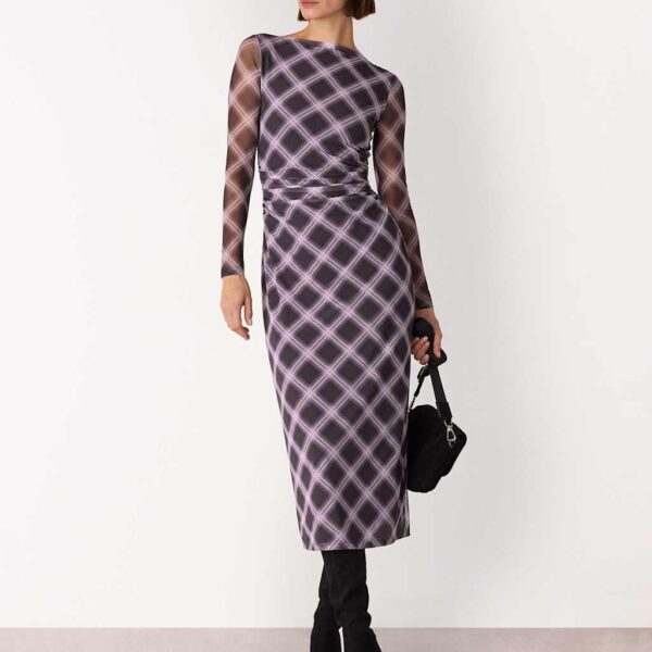 Whistles Women's Checked Mesh Bodycon Dress - 14REG - Burgundy Mix, Burgundy Mix