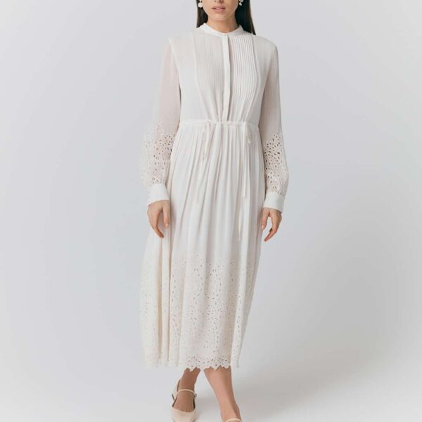 Ghost Women's Georgette Broderie Pleated Midi Smock Dress - Ivory, Red,Ivory