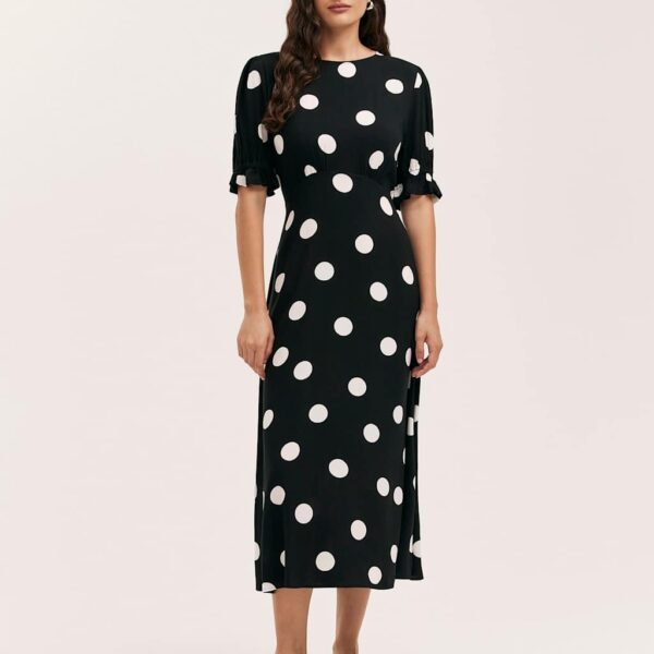 Finery London Women's Polka Dot Round Neck Midi Tea Dress - 18REG - Black Mix, Black Mix