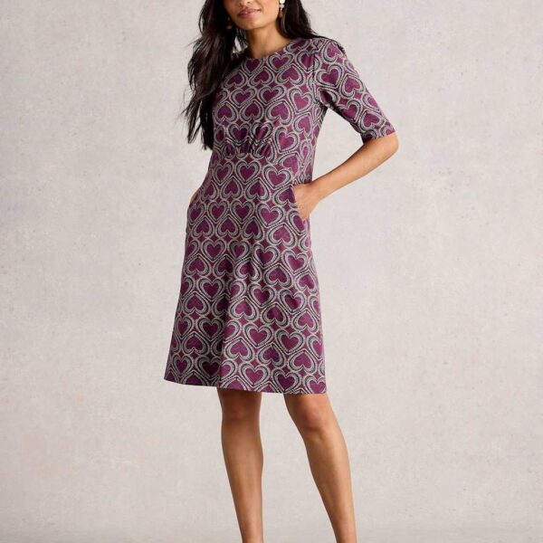 White Stuff Women's Jersey Heart Print Knee-Length Dress - 10REG - Purple Mix, Purple Mix,Teal Mix