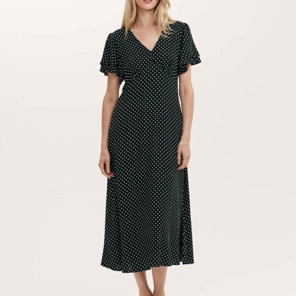 Finery London Women's Polka Dot V-Neck Angel Sleeve Midi Tea Dress - 16REG - Black Mix, Black Mix,Navy Mix
