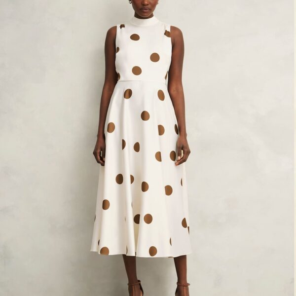 Hobbs Women's Polka Dot Tie Neck Midi Skater Dress - 16PET - Brown Mix, Brown Mix