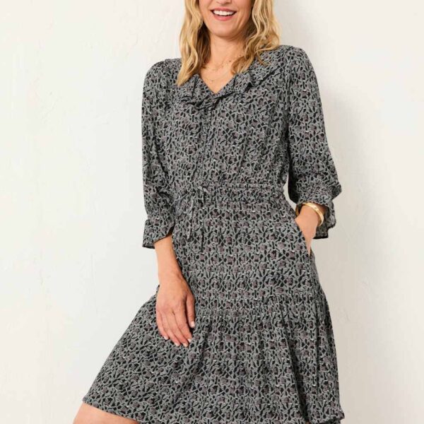 Fatface Women's Geometric V-Neck Knee Length Tiered Dress - 14REG - Black Mix, Black Mix