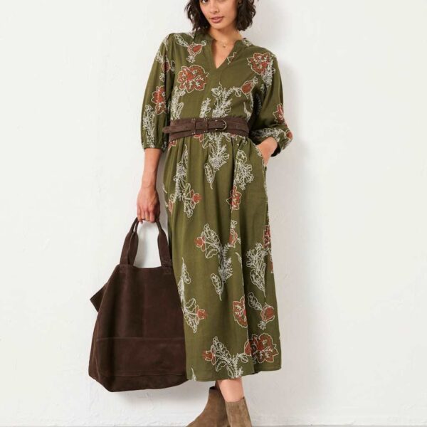 Fatface Women's Cotton Blend Embroidered Midi Waisted Dress - 16REG - Green Mix, Green Mix