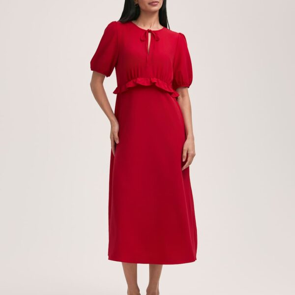 Finery London Women's Crepe Tie Neck Frill Detail Midi Tea Dress - 14 - Red, Navy,Red