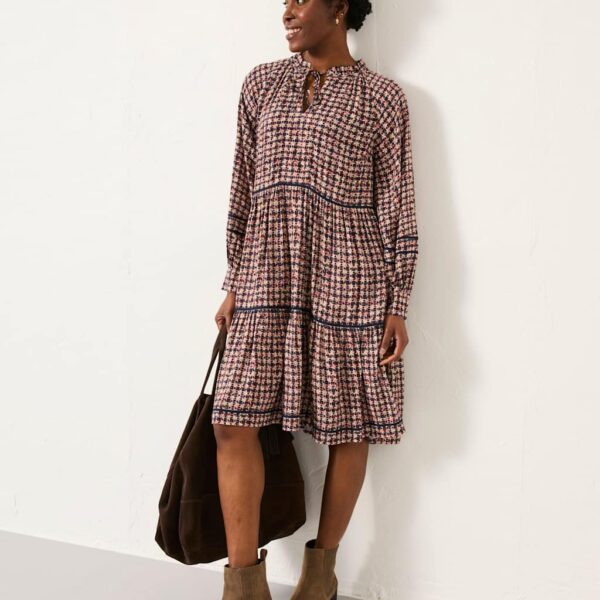 Fatface Women's Geometric Print Tie Neck Tiered Smock Dress - 14REG - Multi, Multi