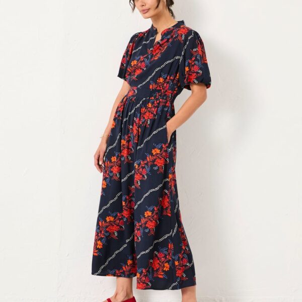 Fatface Women's Floral Notch Neck Midaxi Waisted Dress - 16REG - Navy Mix, Navy Mix