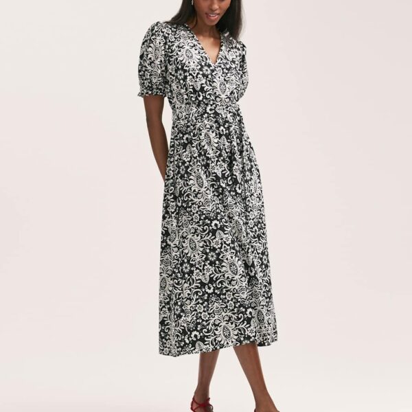 Finery London Women's Crepe Printed V-Neck Belted Midi Tea Dress - 10 - Black Mix, Black Mix
