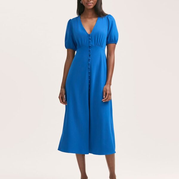 Finery London Women's Crepe V-Neck Puff Sleeve Midi Tea Dress - 18 - Blue, Blue,Red,Navy