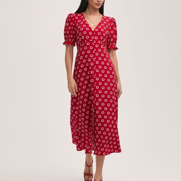 Finery London Women's Crepe Polka Dot V-Neck Midi Tea Dress - 10 - Red Mix, Red Mix