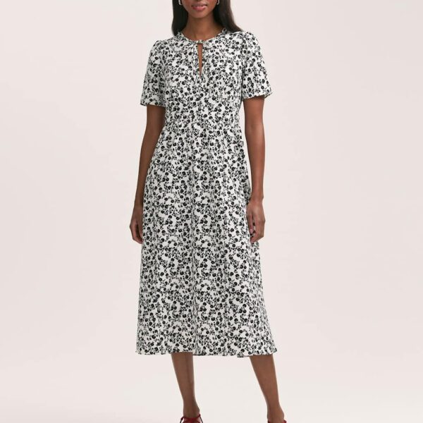 Finery London Women's Crepe Floral Tie Neck Midi Tiered Tea Dress - 10 - Ivory Mix, Black Mix,Ivory Mix