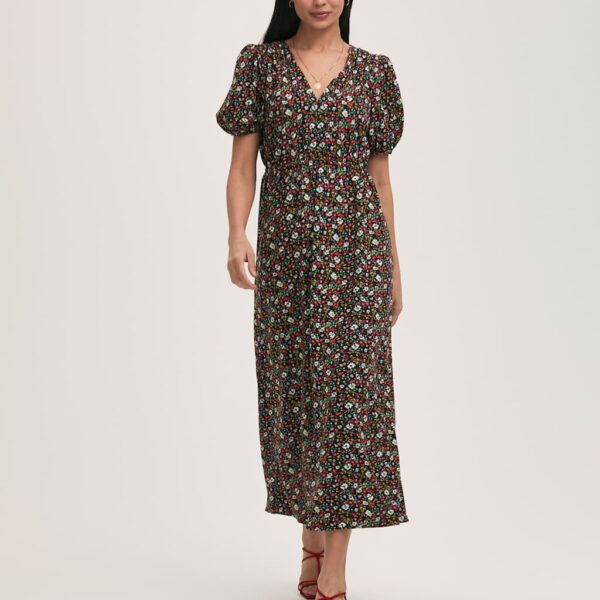 Finery London Women's Crepe Ditsy Floral V-Neck Midi Tea Dress - 10 - Black Mix, Black Mix