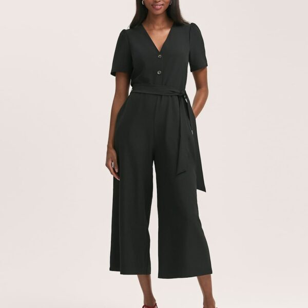 Finery London Women's Crepe Button Front Short Sleeve Jumpsuit - 18 - Black, Navy,Black