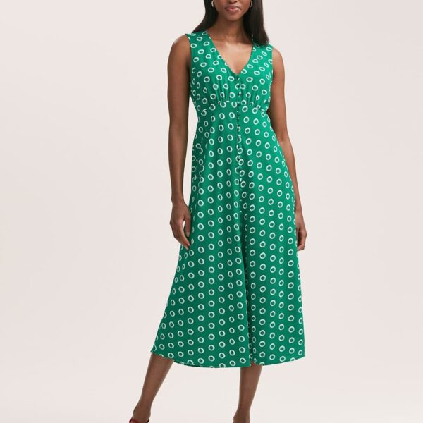 Finery London Women's Spot Print V-Neck Midi Tea Dress - 12 - Green Mix, Red Mix,Green Mix