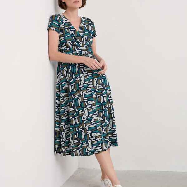Seasalt Cornwall Women's Pure Cotton Geometric V-Neck Midi Tea Dress - 14REG - Teal Mix, Teal Mix