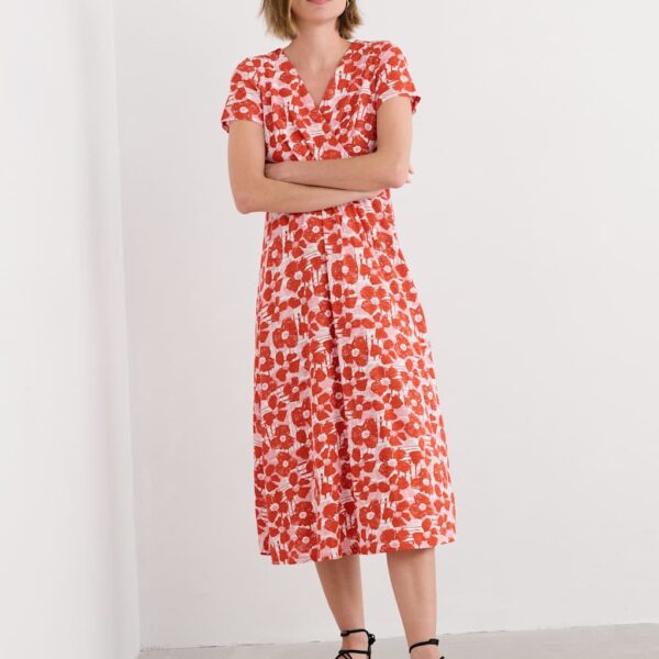 Seasalt Cornwall Women's Pure Cotton Floral V-Neck Midi Waisted Dress - 12REG - Orange Mix, Orange Mix