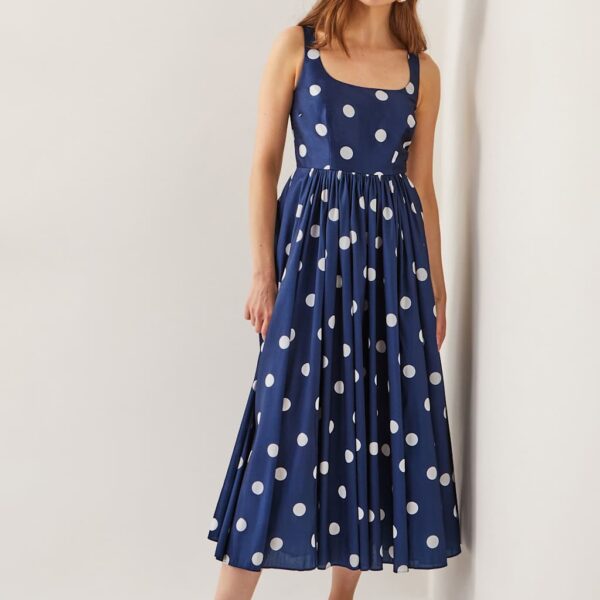 Monsoon Women's Polka Dot Square Neck Midi Waisted Dress - 22 - Navy Mix, Navy Mix