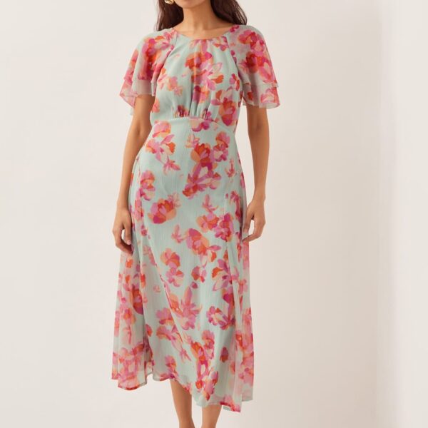 Monsoon Women's Floral Round Neck Midi Waisted Dress - 20 - Green Mix, Green Mix