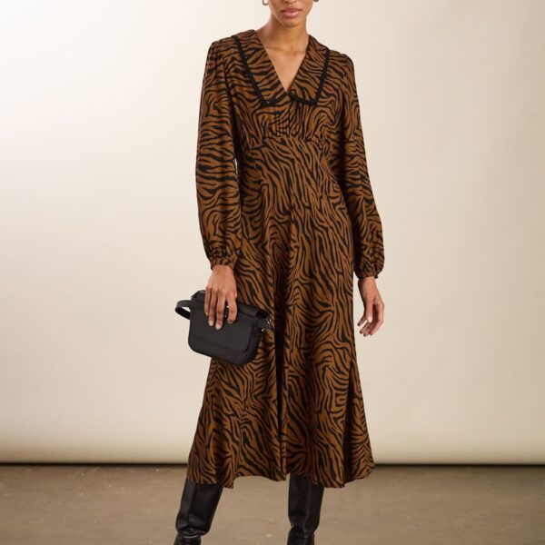 Baukjen Women's Animal Print Collared Midi Skater Dress - 12 - Dark Brown, Dark Brown